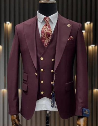Mens One Button Peak Lapel Vested Wool Suit with Gold buttons in Burgundy 1 KG-7185  - from alligatorwarehouse.com