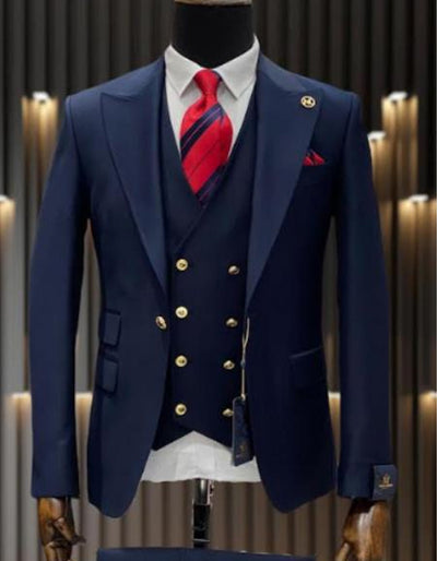 Mens One Button Peak Lapel Vested Wool Suit with Gold buttons in Navy Blue 1 16-6730  - from alligatorwarehouse.com