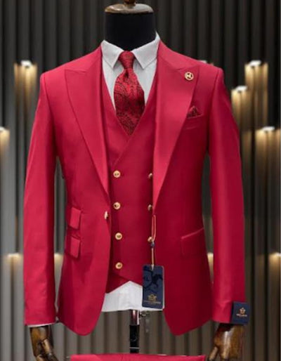 Mens One Button Peak Lapel Vested Wool Suit with Gold buttons in Red 1 9L-8052  - from alligatorwarehouse.com