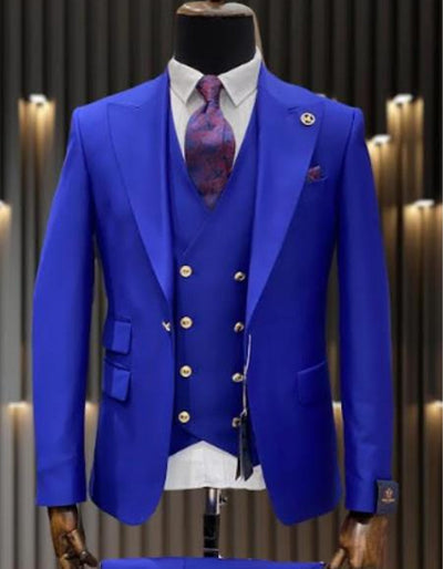Mens One Button Peak Lapel Vested Wool Suit with Gold buttons in Royal Blue 1 D3-0443  - from alligatorwarehouse.com