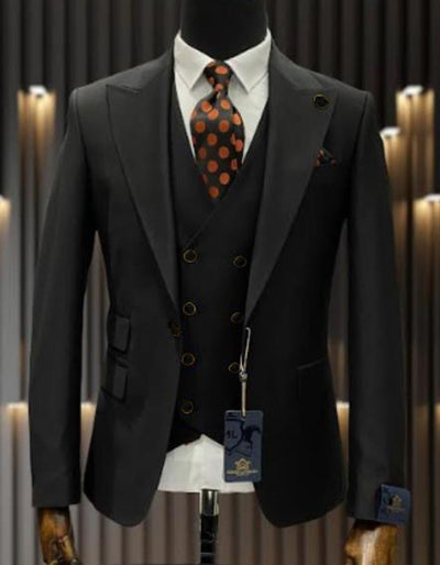 Mens One Button Peak Lapel Double Breasted Vest Wool Suit in Black 1 BL-8764  - from alligatorwarehouse.com