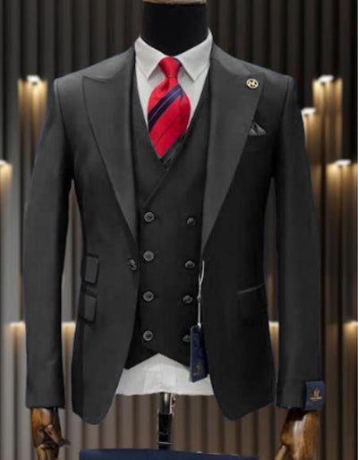 Mens One Button Peak Lapel Double Breasted Vest Wool Suit in Charcoal Grey 1 7U-2384  - from alligatorwarehouse.com
