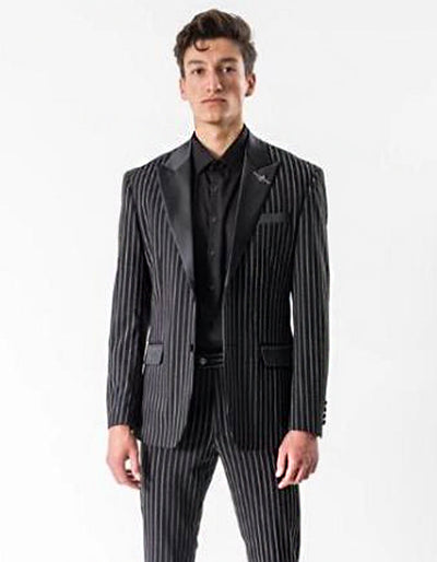 Mens 2 Button Gangster Pinstripe Peak Lapel Tuxedo in Black 1 N6-5868  - from alligatorwarehouse.com