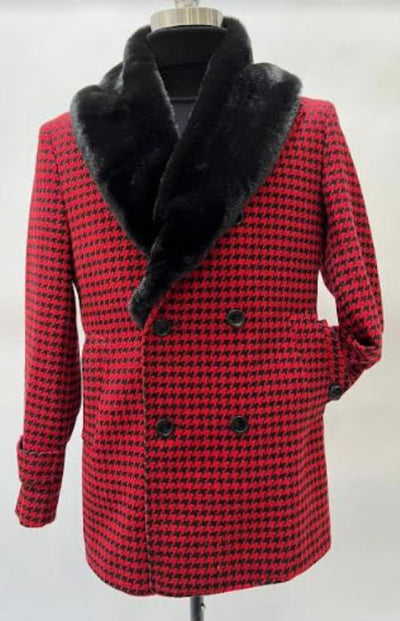 Mens Plaid Overcoat - Houndstooth Checker Pattern Topcoat - Red 1   - from alligatorwarehouse.com