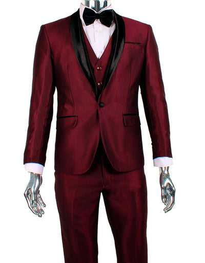 Mens 1 Button Shawl Lapel Vested Wedding | Prom Tuxedo in Burgundy Sharkskin 1 NJ-4798  - from alligatorwarehouse.com
