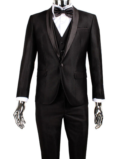 Mens 1 Button Shawl Lapel Vested Wedding | Prom Tuxedo in Black Sharkskin 1 DG-7910  - from alligatorwarehouse.com