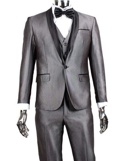 Mens 1 Button Shawl Lapel Vested Wedding | Prom Tuxedo in Silver Grey Sharkskin 1 YL-6202  - from alligatorwarehouse.com