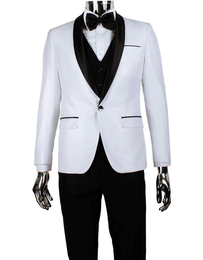 Mens 1 Button Shawl Lapel Vested Wedding | Prom Tuxedo in White Sharkskin 1 BJ-3901  - from alligatorwarehouse.com
