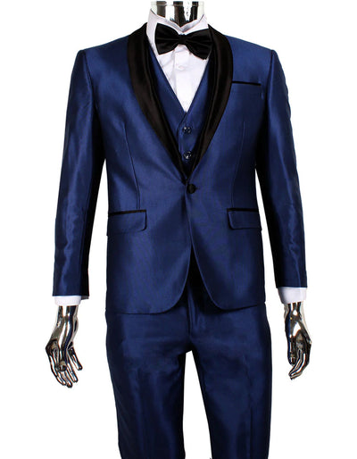Mens 1 Button Shawl Lapel Vested Wedding | Prom Tuxedo in Navy Sharkskin 1 AZ-4442  - from alligatorwarehouse.com