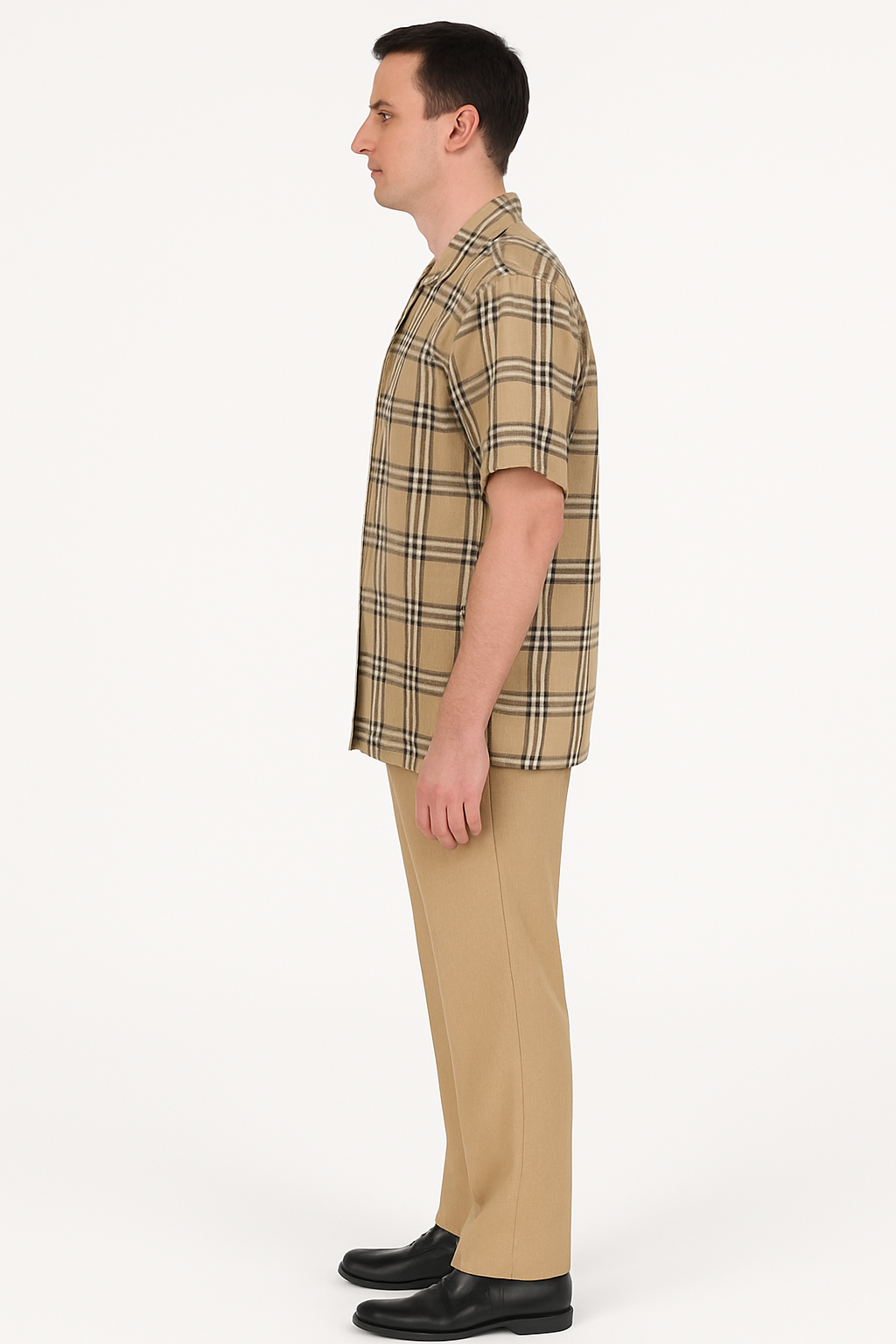 Beige Check Button Shirt for Men – Casual Plaid Design