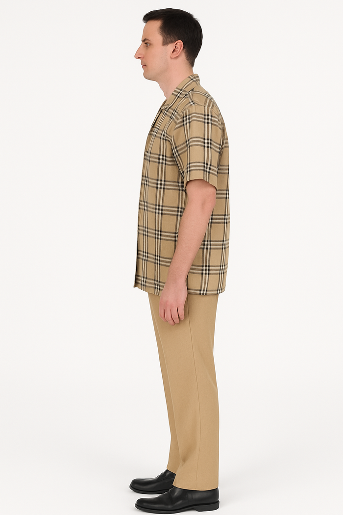 Beige Check Button Shirt for Men – Casual Plaid Design