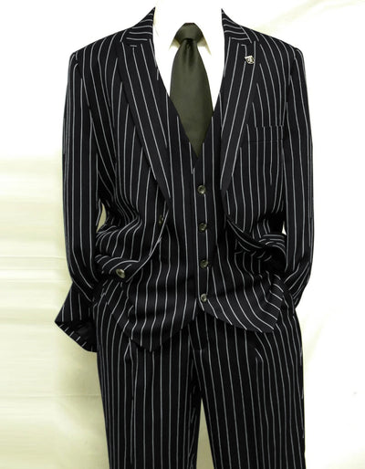 Mens 2 Button Gangster Pinstripe Pattern  Suit in Black 1   - from alligatorwarehouse.com