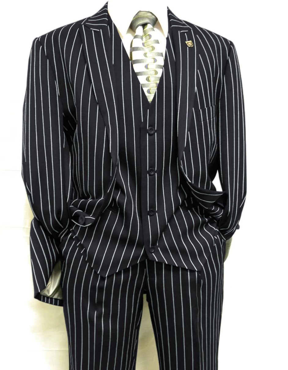 Mens 2 Button Gangster Pinstripe Suit in BLACK / GREY / NAVY / BURGUNDY