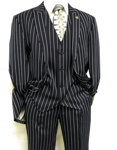 Mens 2 Button Gangster Pinstripe Suit in BLACK / GREY / NAVY / BURGUNDY 7 SKU#P&L-61703-Navy Blue Pinstripe  - from alligatorwarehouse.com