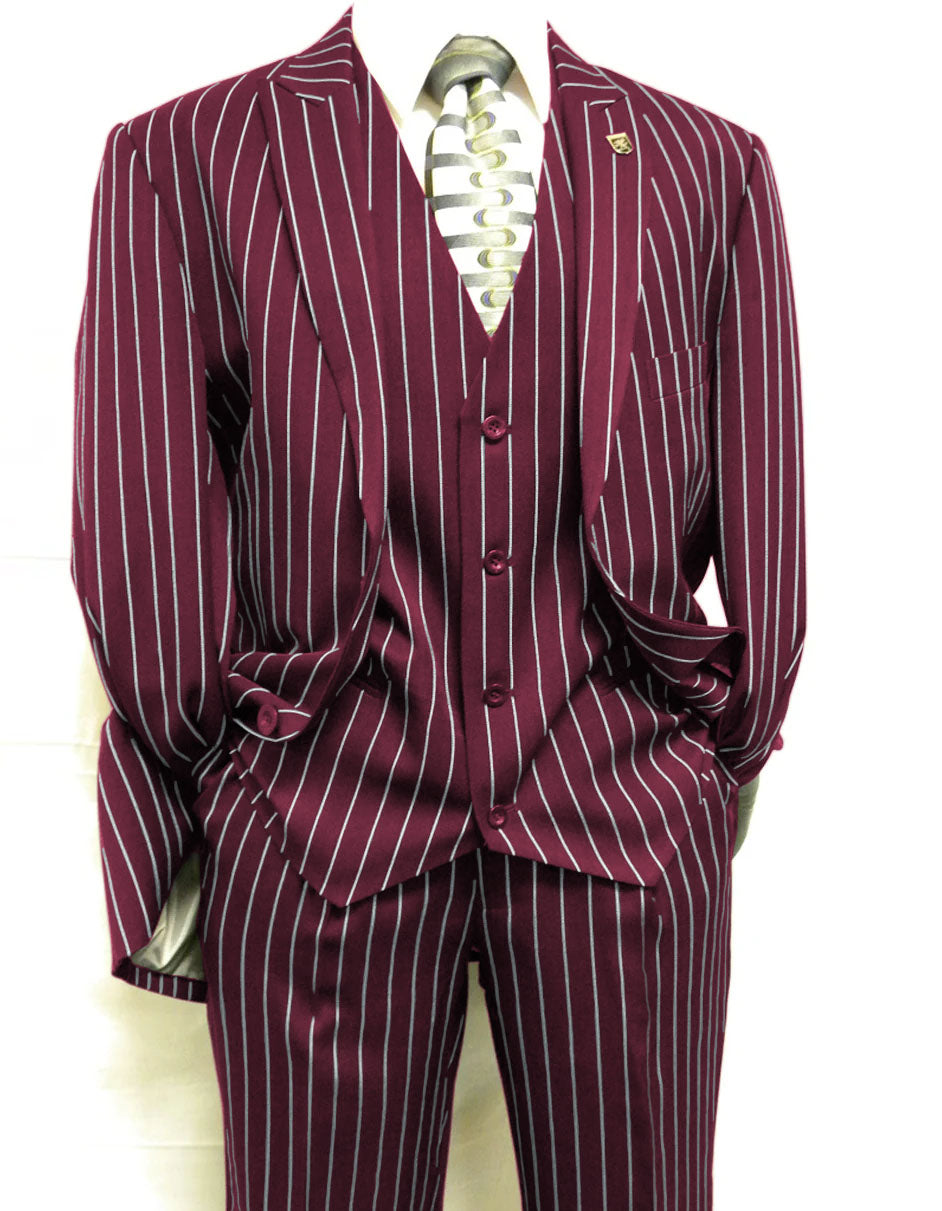 Mens 2 Button Gangster Pinstripe Suit in BLACK / GREY / NAVY / BURGUNDY