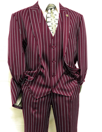 Mens 2 Button Gangster Pinstripe Suit in BLACK / GREY / NAVY / BURGUNDY 5 SKU#P&L-61703-Navy Blue Pinstripe  - from alligatorwarehouse.com