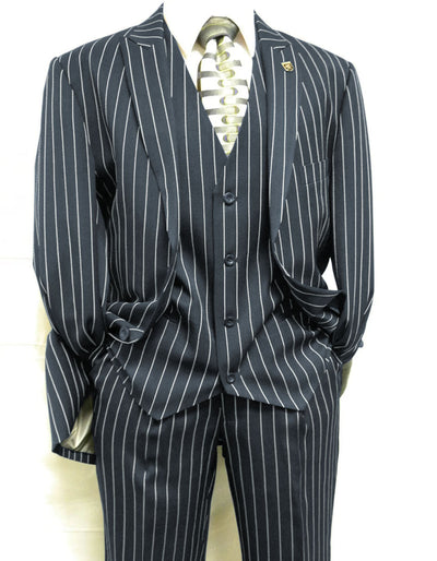 Mens 2 Button Gangster Pinstripe Suit in BLACK / GREY / NAVY / BURGUNDY 6 SKU#P&L-61703-Navy Blue Pinstripe  - from alligatorwarehouse.com