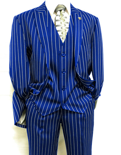 Mens 2 Button Gangster Pinstripe Suit in BLACK / GREY / NAVY / BURGUNDY 8 SKU#P&L-61703-Navy Blue Pinstripe  - from alligatorwarehouse.com