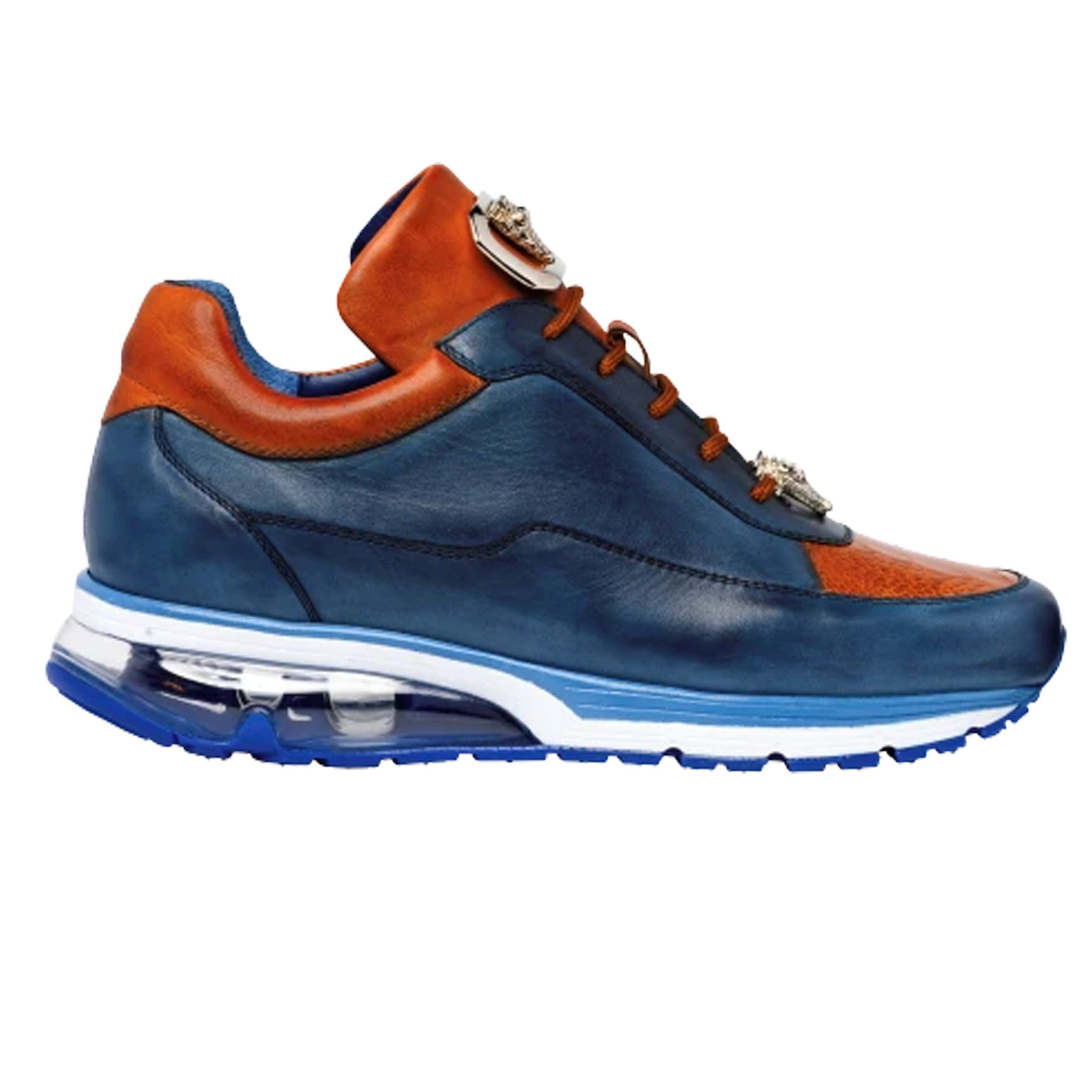 Mens Belvedere Flash Calfskin & Crocodile Sneaker in Blue & Cognac 1 MEN E01 BLACK/RED-M-09  - from alligatorwarehouse.com