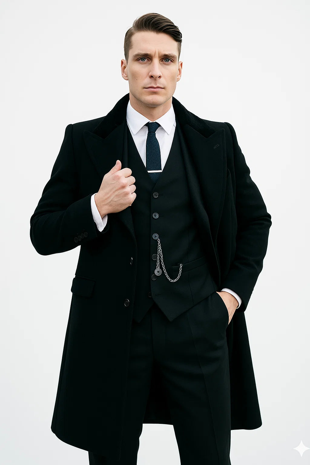 Mens Costume Thomas Shelby Black Vested Suit & Black Overcoat