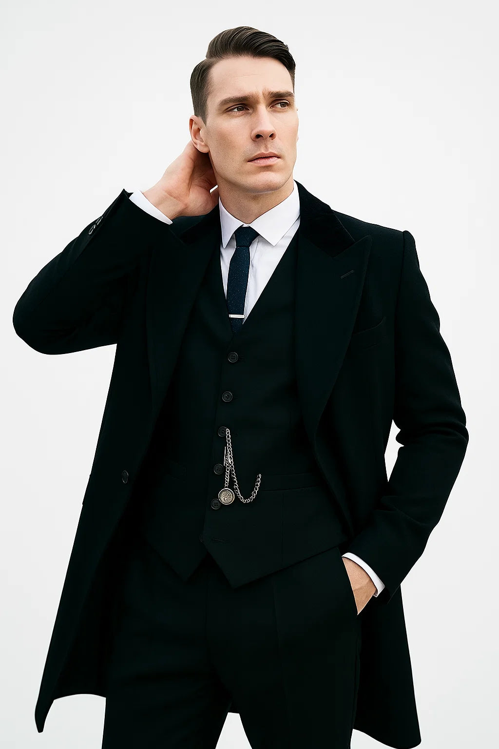 Mens Costume Thomas Shelby Black Vested Suit & Black Overcoat