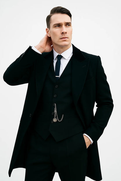 Mens Costume Thomas Shelby Black Vested Suit & Black Overcoat