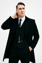 Mens Costume Thomas Shelby Black Vested Suit & Black Overcoat