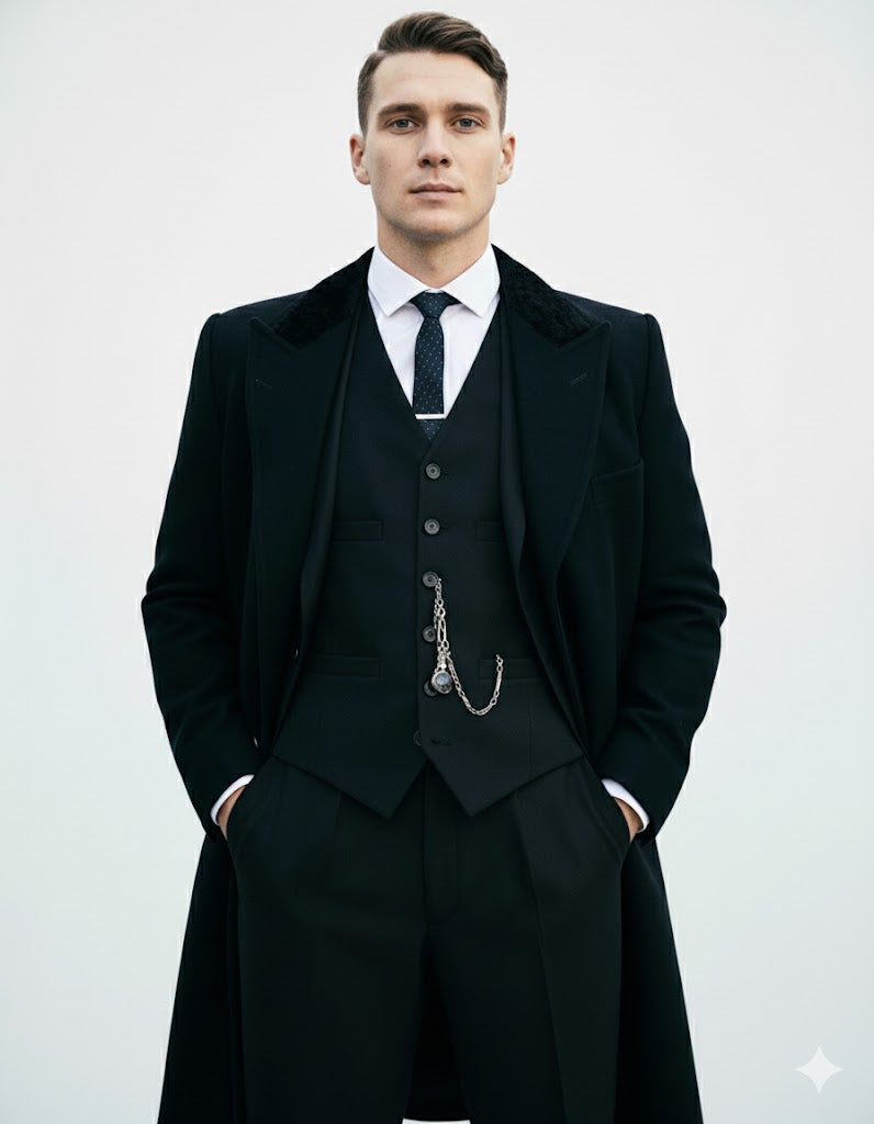 Mens Costume Thomas Shelby Black Vested Suit & Black Overcoat