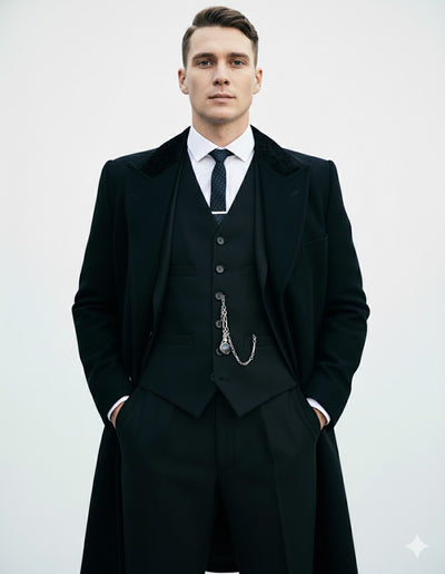 Mens Costume Thomas Shelby Black Vested Suit & Black Overcoat 3 XQ-6462  - from alligatorwarehouse.com