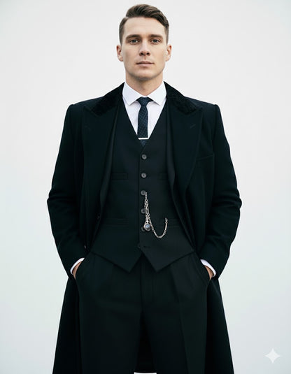 Mens Costume Thomas Shelby Black Vested Suit & Black Overcoat