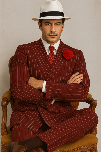 Mens Double Breasted Gangster Pinstripe Six Button Suit in black