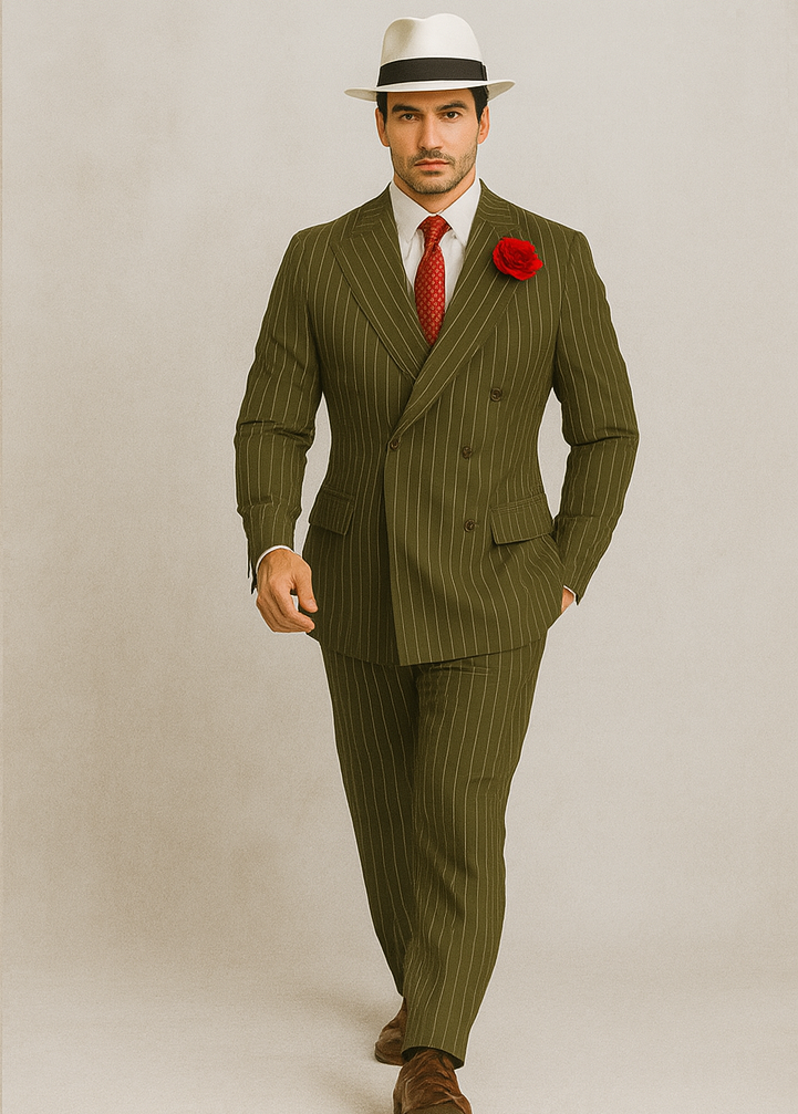 Mens Double Breasted Gangster Pinstripe Six Button Suit in Charcoal and Olive 9   - from alligatorwarehouse.com