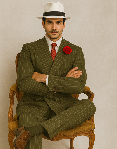 Mens Double Breasted Gangster Pinstripe Six Button Suit in Charcoal and Olive 7   - from alligatorwarehouse.com