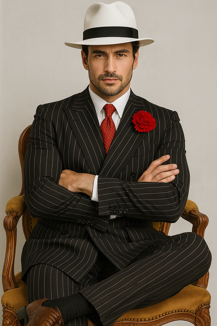 Mens Double Breasted Gangster Pinstripe Six Button Suit in black
