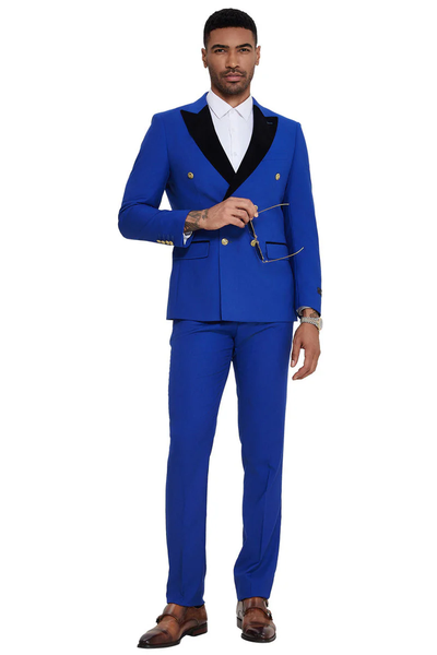 Mens Double Breasted Wedding Suit With Velvet Peak Lapel and Gold Buttons in Royal Blue