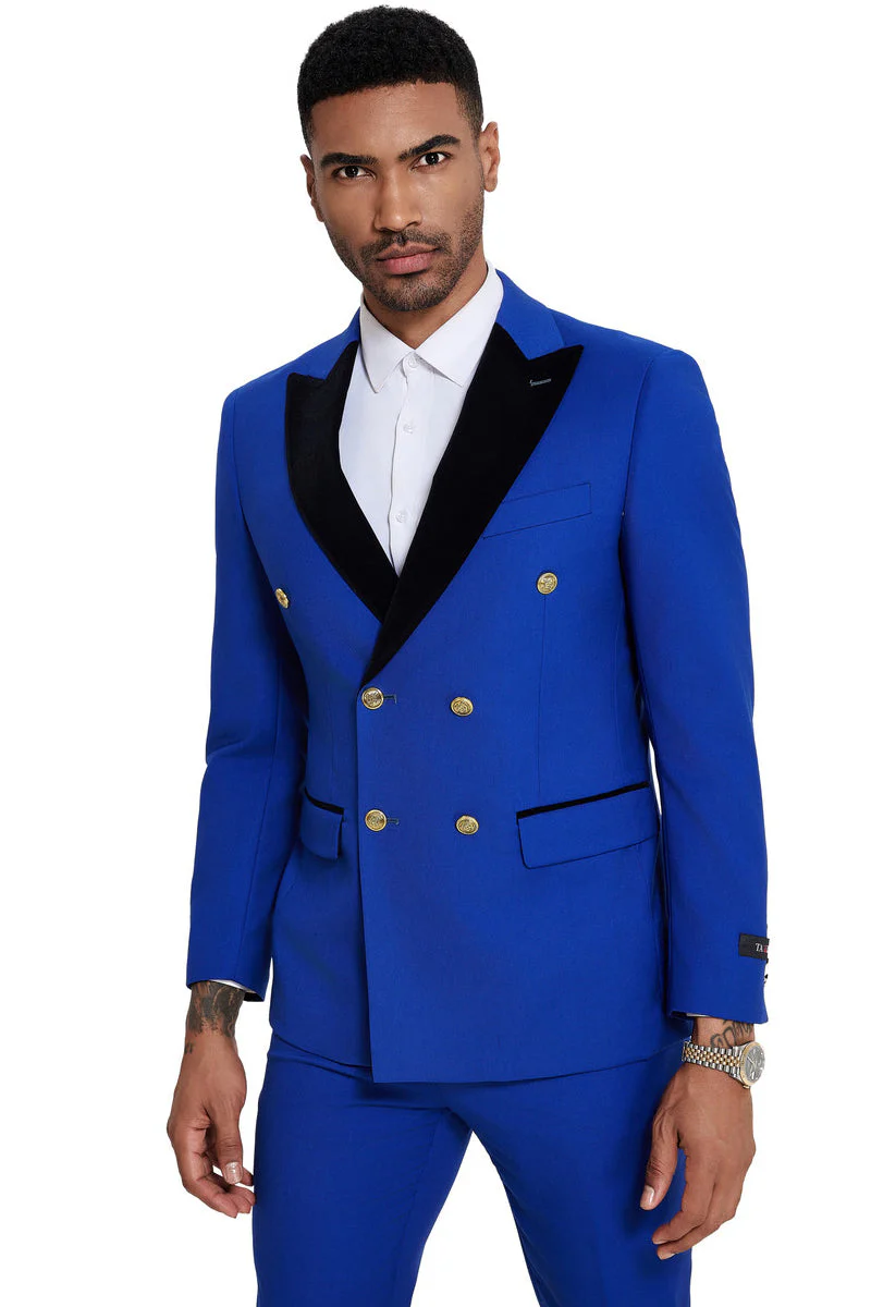 Mens Double Breasted Wedding Suit With Velvet Peak Lapel and Gold Buttons in Royal Blue