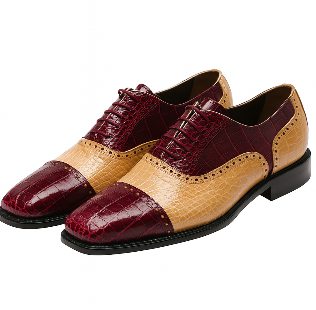Mens Ferrini Alligator Cap Toe Dress Shoe in Burgundy & Tan