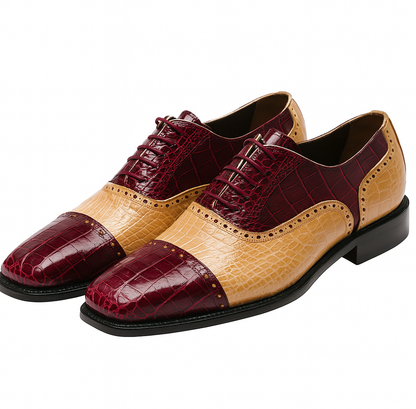 Mens Ferrini Alligator Cap Toe Dress Shoe in Burgundy & Tan