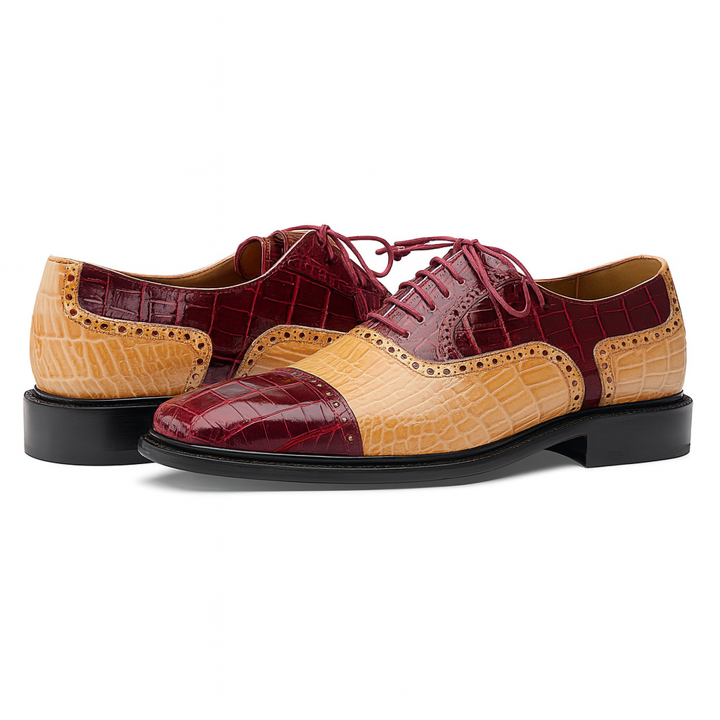 Mens Ferrini Alligator Cap Toe Dress Shoe in Burgundy & Tan