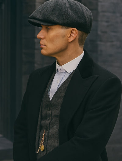 Mens Peaky Blinders Costume Thomas Shelby Grey 3 Piece Suit with Black Overcoat & Hat 10   - from alligatorwarehouse.com