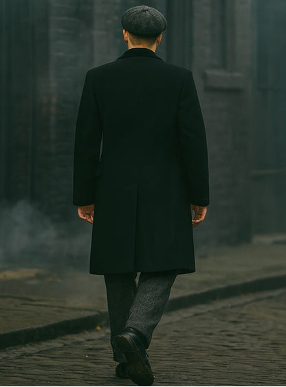 Mens Peaky Blinders Costume Thomas Shelby Grey 3 Piece Suit with Black Overcoat & Hat