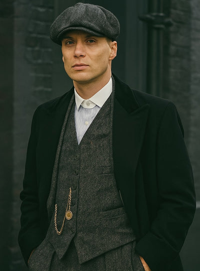 Mens Peaky Blinders Costume Thomas Shelby Grey 3 Piece Suit with Black Overcoat & Hat 12   - from alligatorwarehouse.com