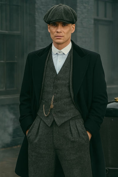 Mens Peaky Blinders Costume Thomas Shelby Grey 3 Piece Suit with Black Overcoat & Hat 13   - from alligatorwarehouse.com