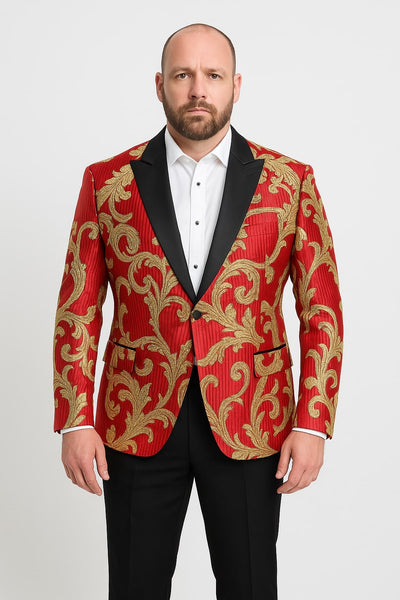 Mens Red and Gold Embroidered Tuxedo Blazer – Baroque Style One Button Dinner Jacket with Black Satin Lapel 1   - from alligatorwarehouse.com