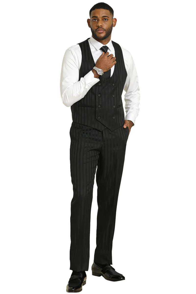 Mens Stacy Adams Modern Fit Vested Suit in Black Tonal Shadown Pinstripe