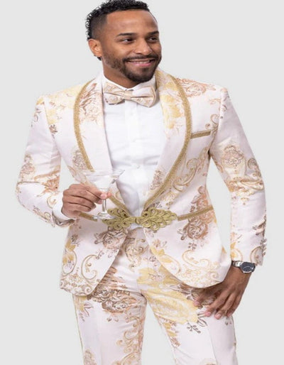 Mens Paisley Prom & Wedding Tuxedo in White & Gold 1 K4-1545  - from alligatorwarehouse.com