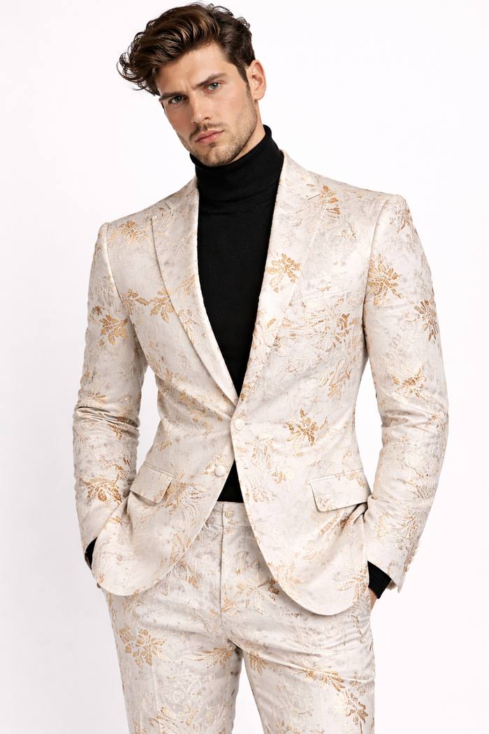 Mens White and Gold Embroidered Floral Prom Tuxedo Suit