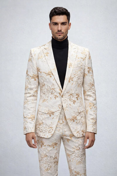 Mens White and Gold Embroidered Floral Prom Tuxedo Suit