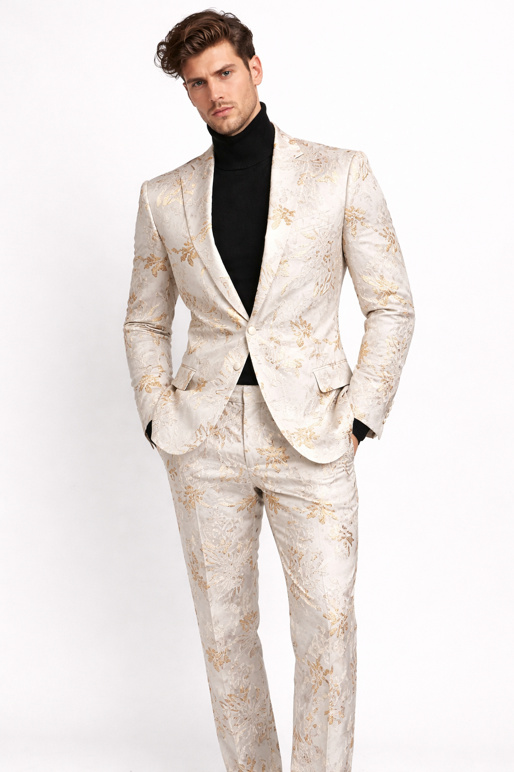 Mens White and Gold Embroidered Floral Prom Tuxedo Suit