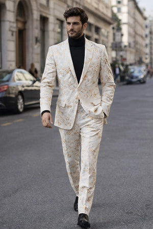 Mens White and Gold Embroidered Floral Prom Tuxedo Suit